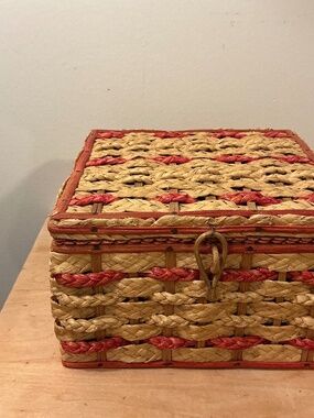 Vintage Wicker Pink and Beige Sewing Basket Made in Japan